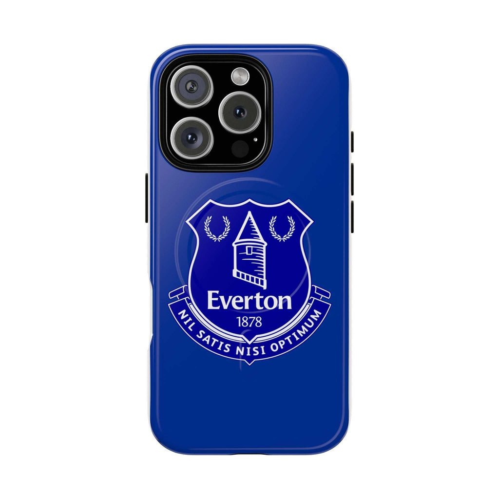 Everton FC MagSafe iPhone case in royal blue with club crest, dual-layer protection, and wireless charging compatible.