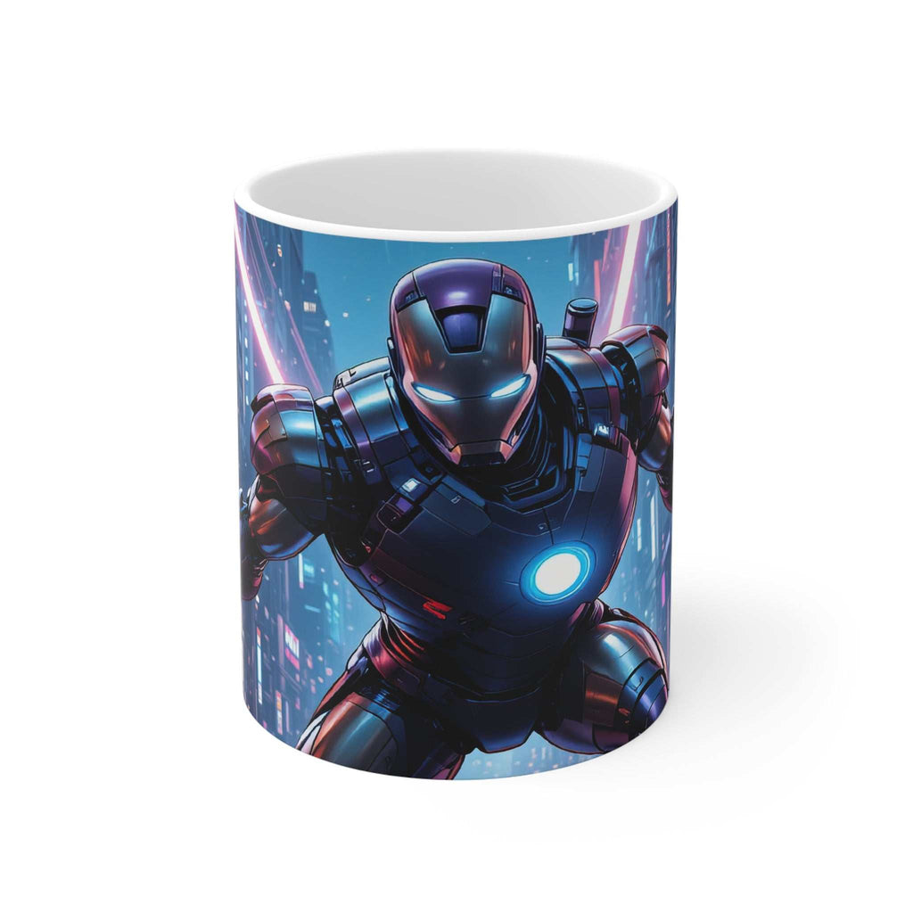 Ironman SuperHero Action Mug featuring a vibrant superhero design on a glossy 11oz ceramic mug, microwave and dishwasher safe.