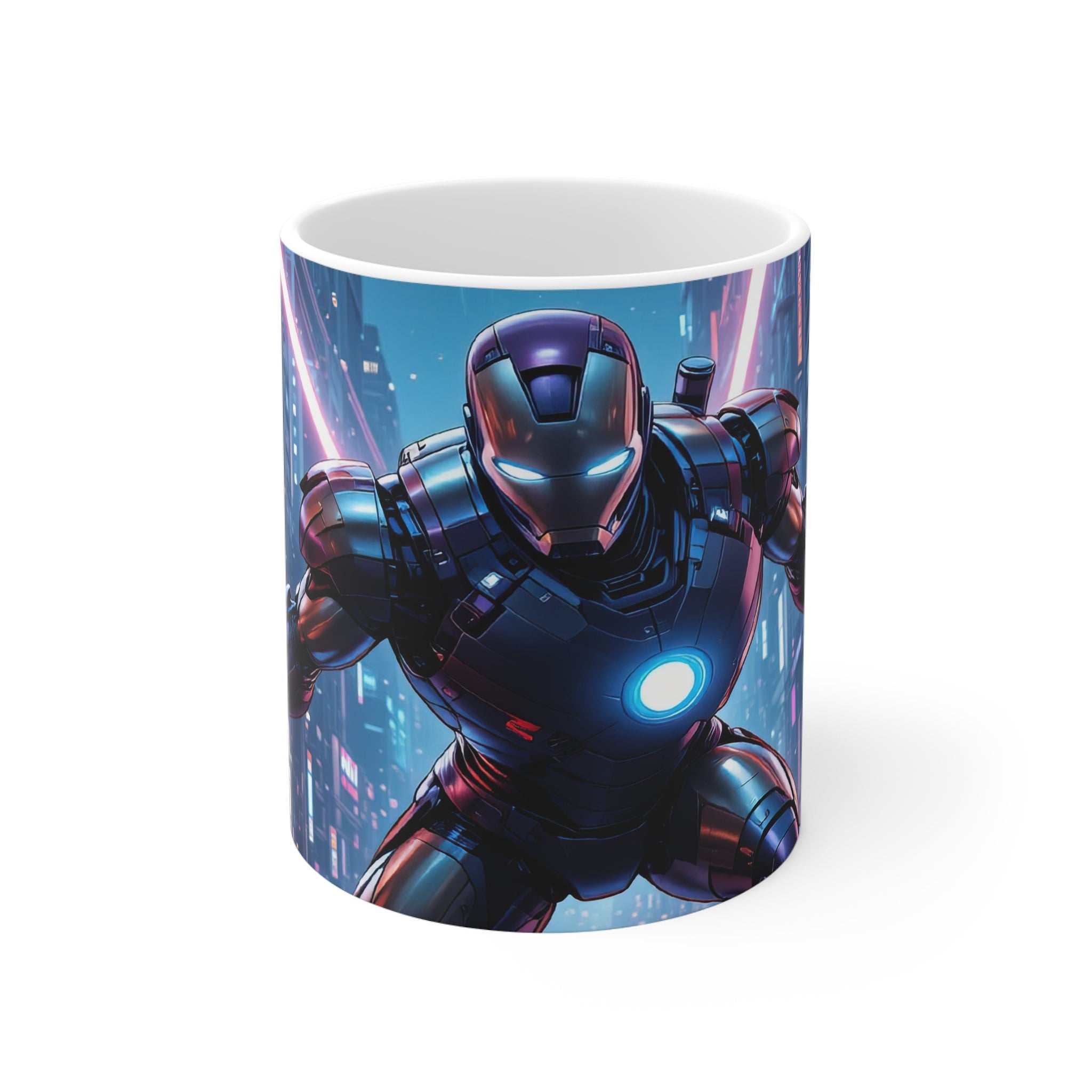Ironman SuperHero Action Mug featuring a vibrant superhero design on a glossy 11oz ceramic mug, microwave and dishwasher safe.