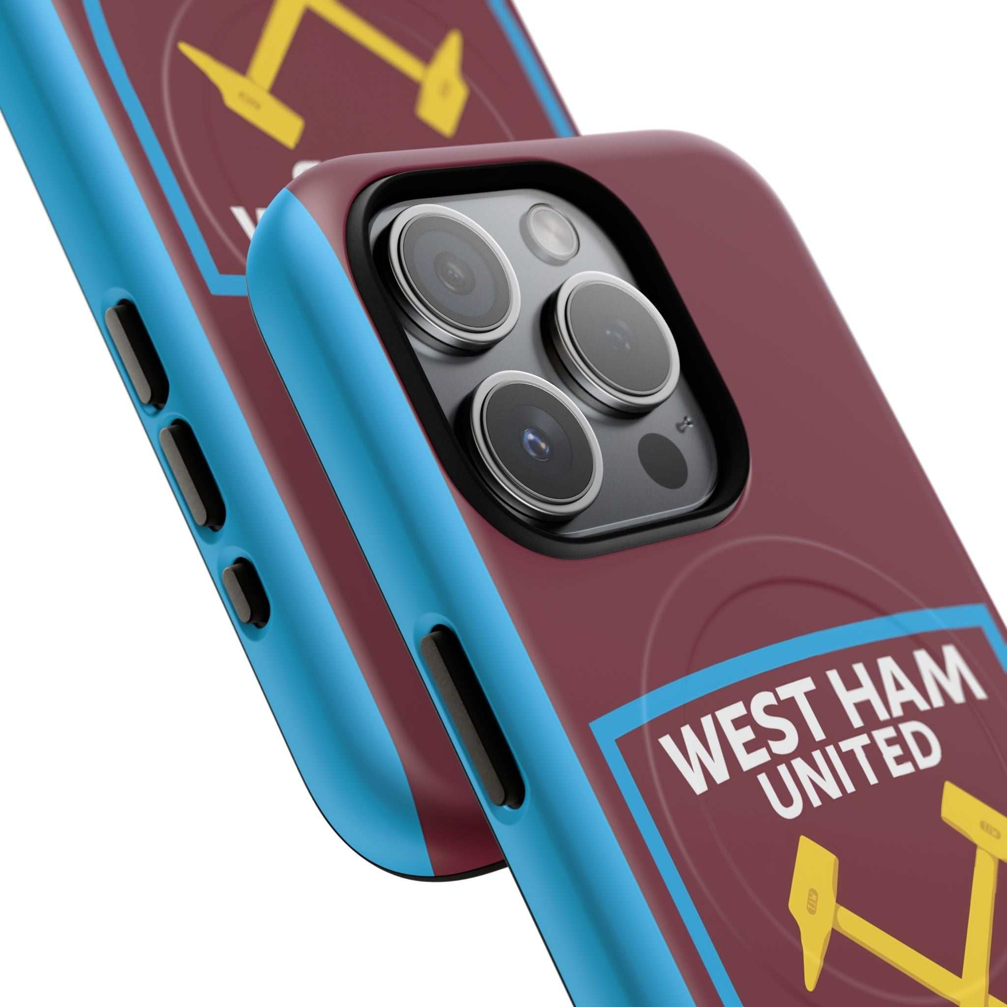 West Ham Utd MagSafe iPhone case in claret and blue with official-inspired crest, dual-layer protection, and wireless charging compatible