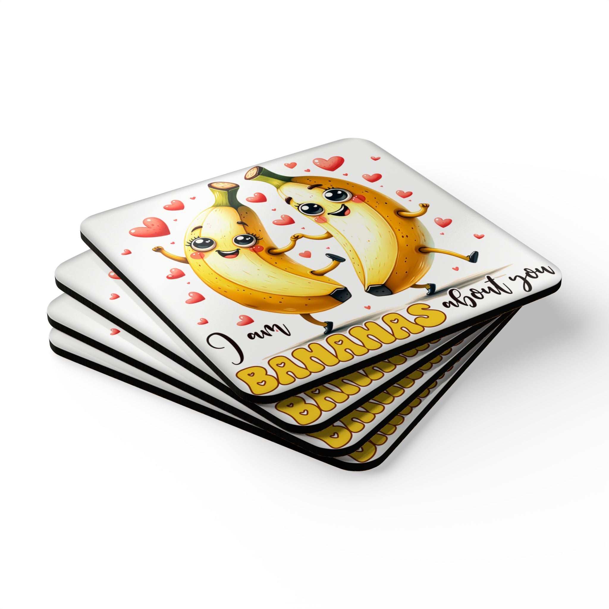 Bananas About You Coaster Set with playful banana design, high-gloss MDF top, and cork back.