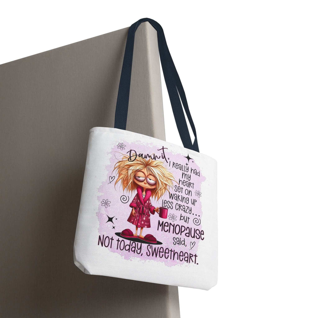 Cheeky Menopause Humour Tote Bag with colorful handles, durable polyester, and playful design for everyday use