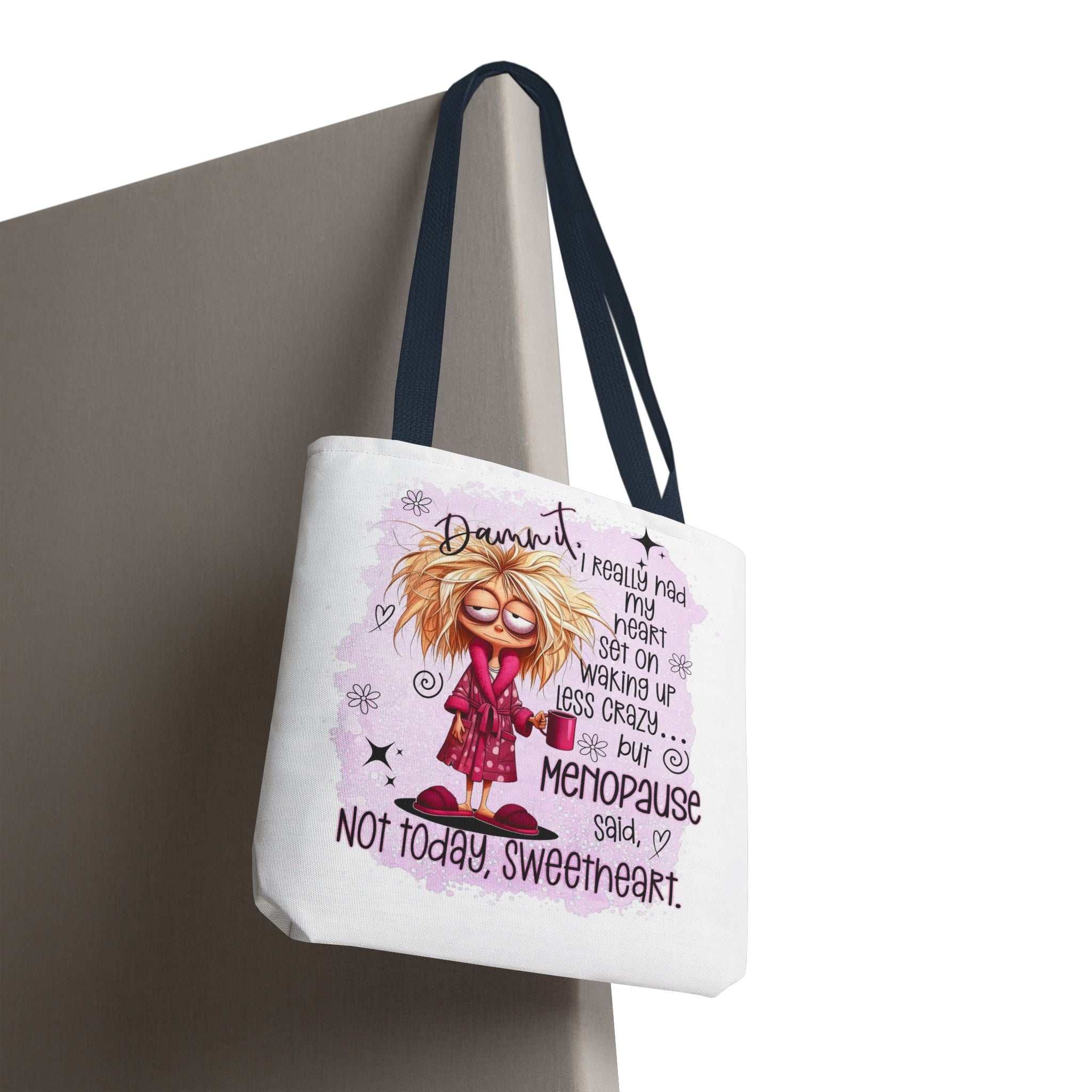 Cheeky Menopause Humour Tote Bag with colorful handles, durable polyester, and playful design for everyday use