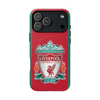 Liverpool FC MagSafe iPhone case with red color and club crest, dual-layer protection and MagSafe compatibility