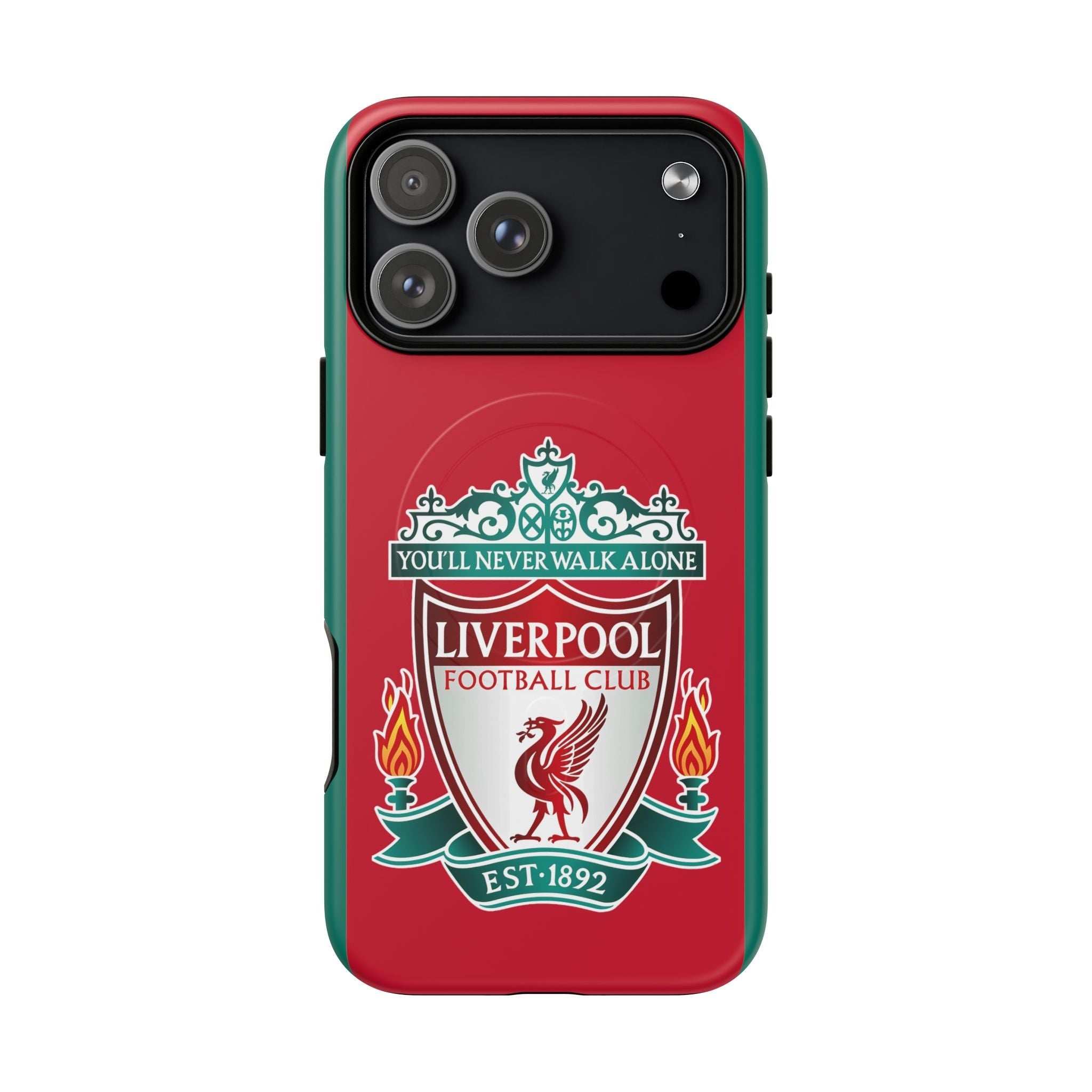 Liverpool FC MagSafe iPhone case with red color and club crest, dual-layer protection and MagSafe compatibility
