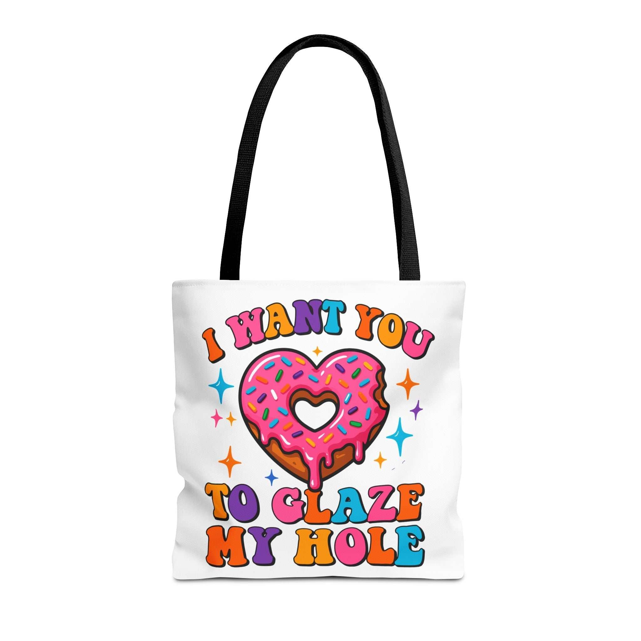 Glaze My Hole Donut Tote Bag with cheeky donut design, durable spun polyester, multiple sizes and handle colors