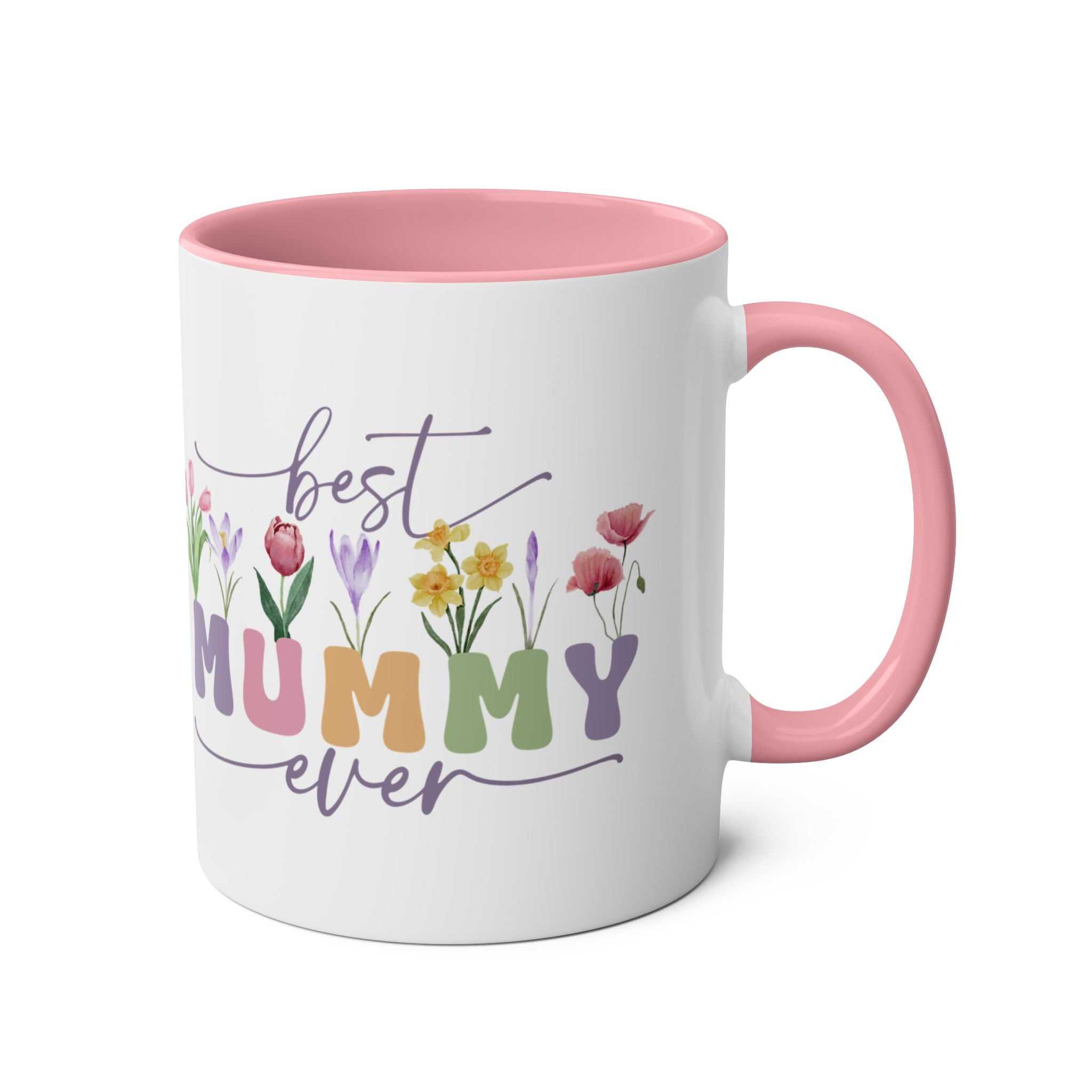 Best Mummy Ever Mothers Day gift mug with floral design, pink handle, and interior.