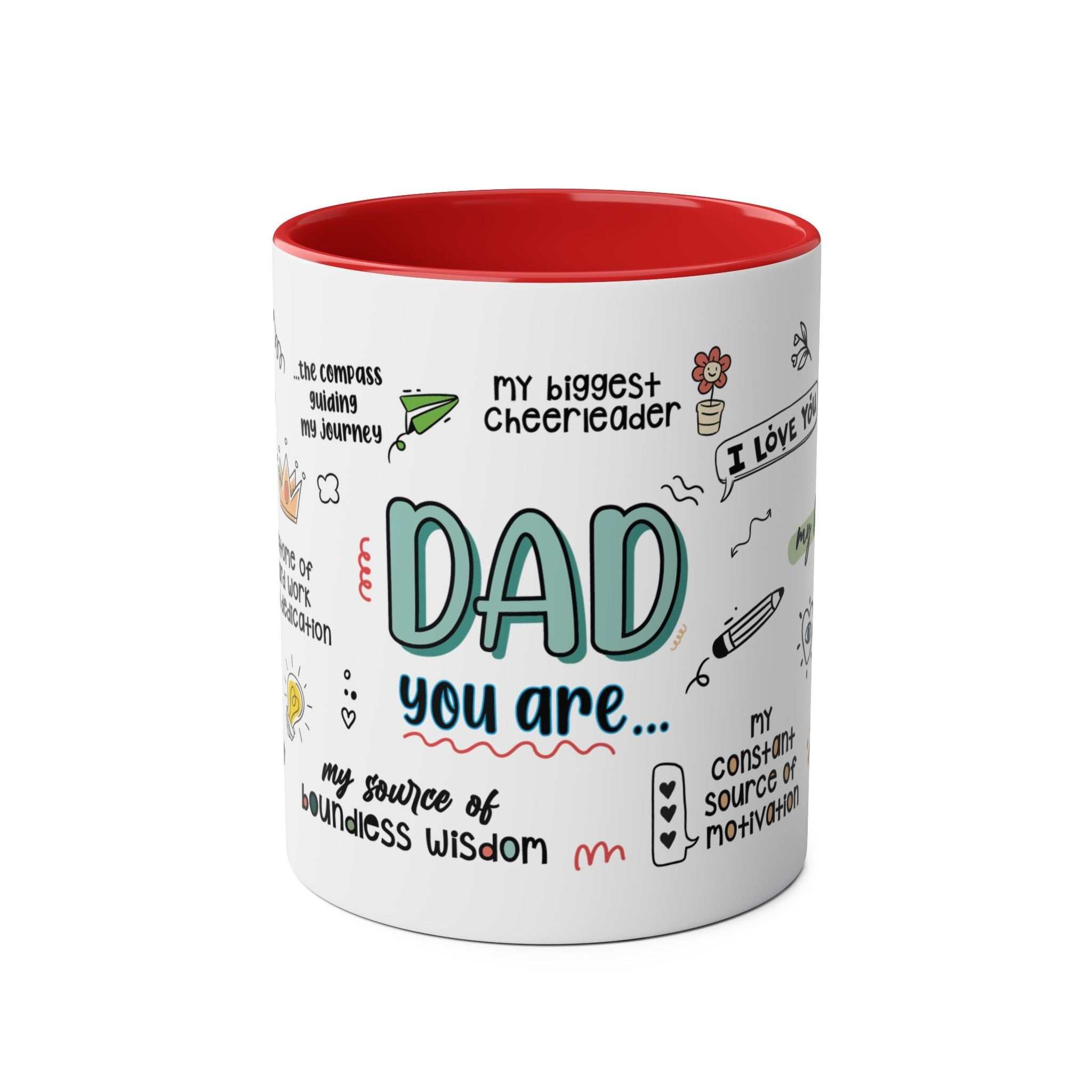 Fathers Day Gift Mug with fun design and red interior, perfect for dads.