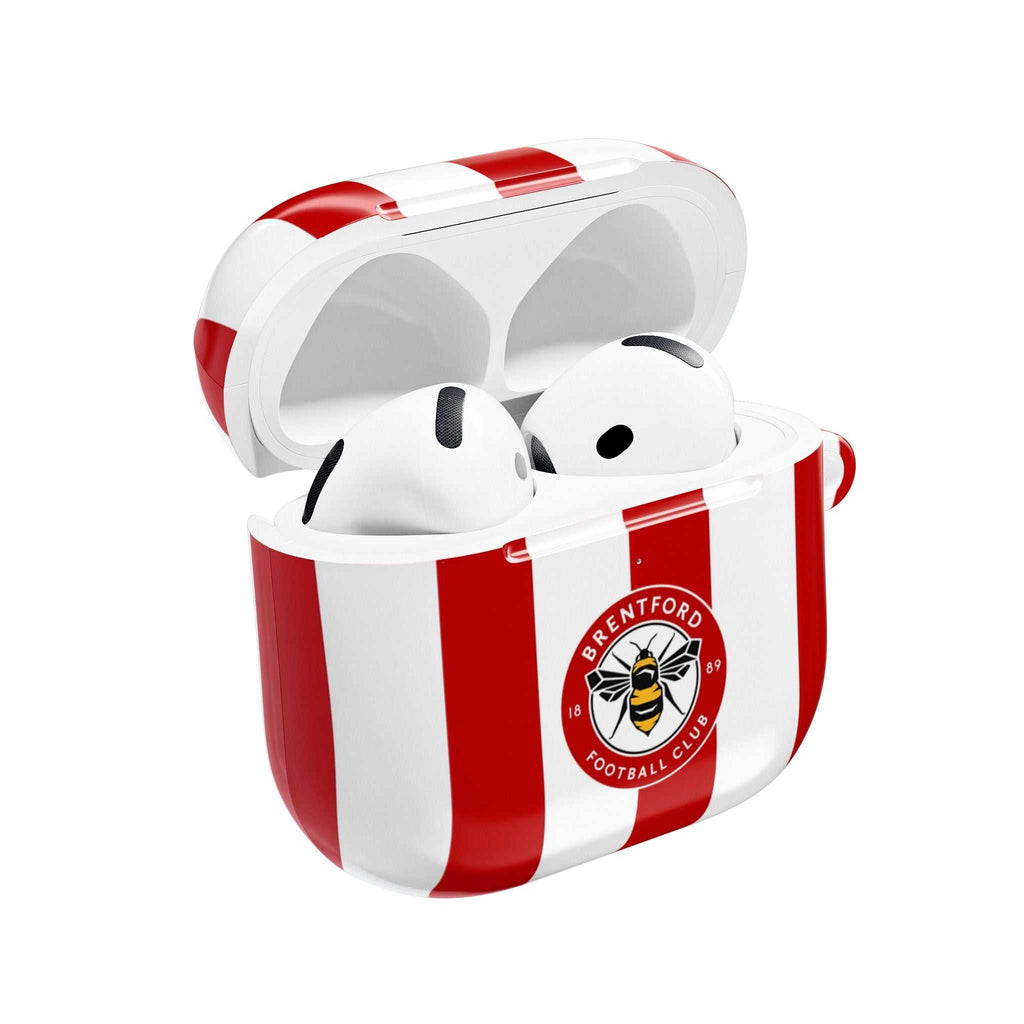Brentford FC AirPods protective case with red and white stripes and bee crest, shock-resistant and wireless charging compatible