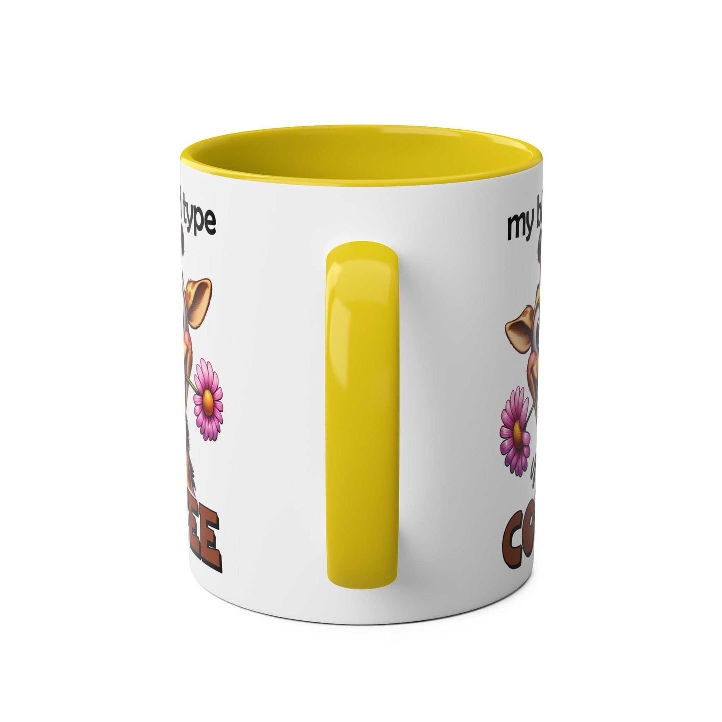 My Blood Type Coffee Mug with funny giraffe design, yellow handle, and glossy finish.