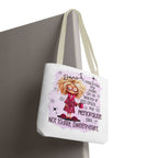 Menopause humour tote bag with cheeky design, durable spun polyester, and multiple handle color options for everyday fun and practicality