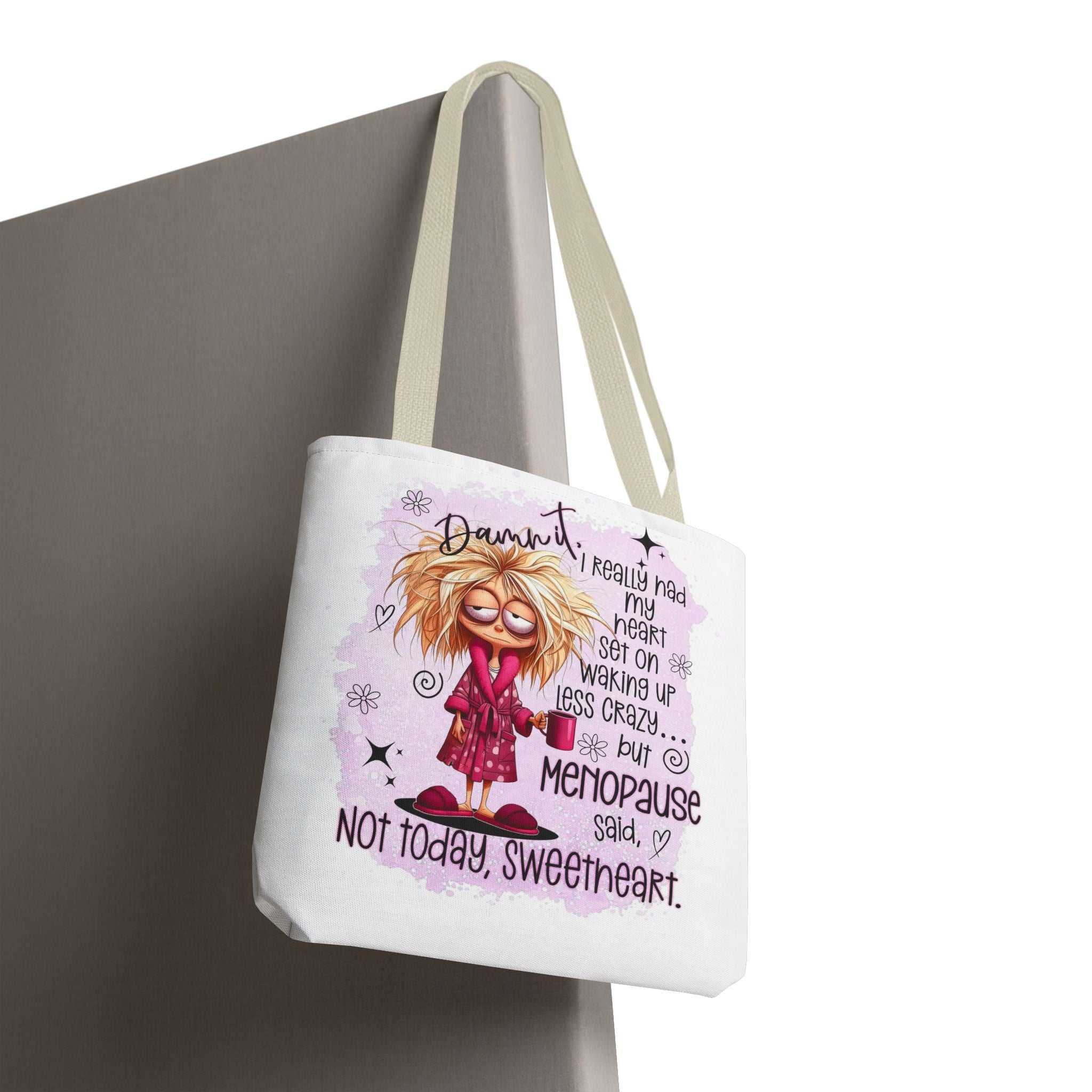 Menopause humour tote bag with cheeky design, durable spun polyester, and multiple handle color options for everyday fun and practicality