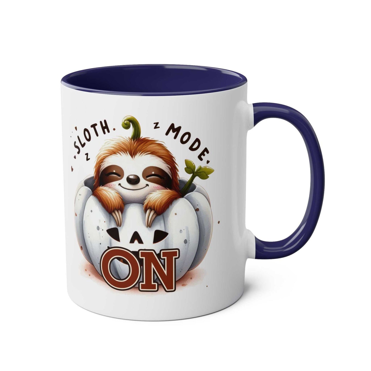 Cute sloth coffee mug with "Sloth Mode ON" design, playful ceramic cup for animal lovers.