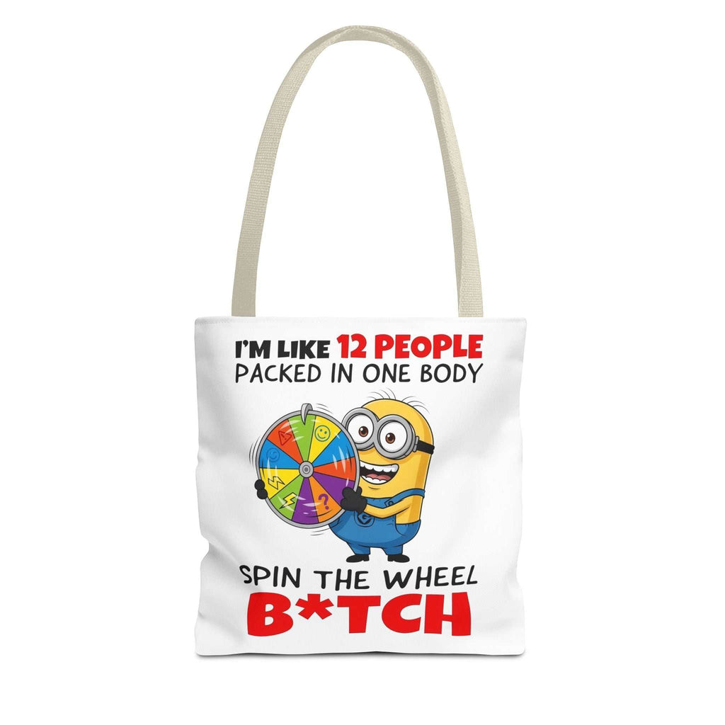 Funny Minion tote bag with cheeky design and colorful handles, made from durable spun polyester.