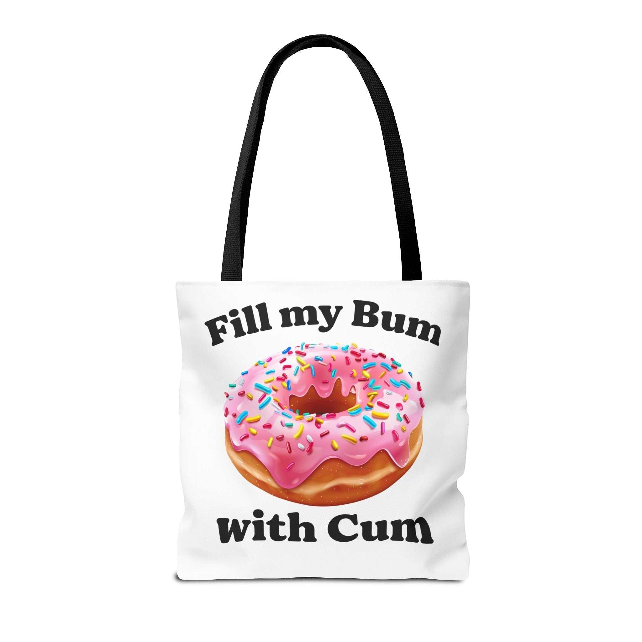 Provocative Donut Tote Bag with cheeky design, durable spun polyester, multiple sizes and handle colors for fun, practical use