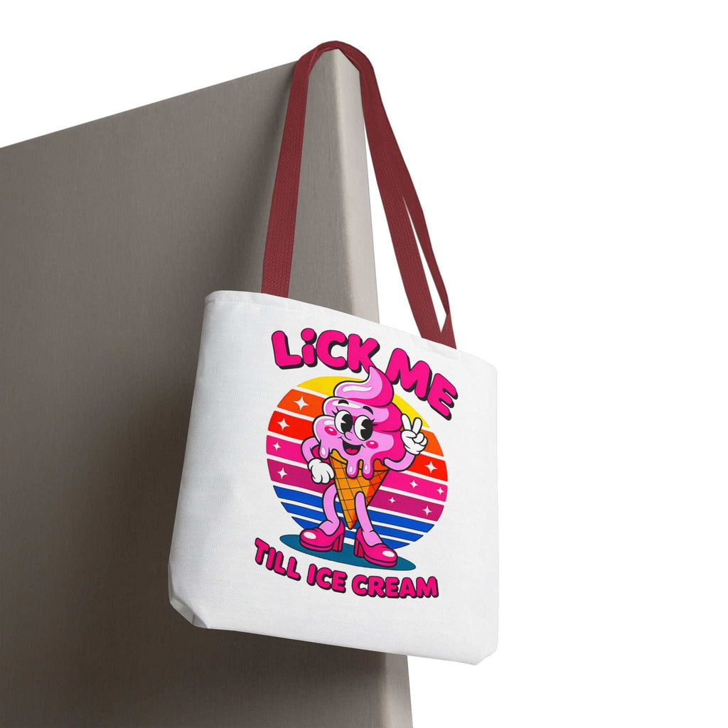 Cheeky Lick Me Till Ice Cream tote bag with colorful handles and durable spun polyester fabric