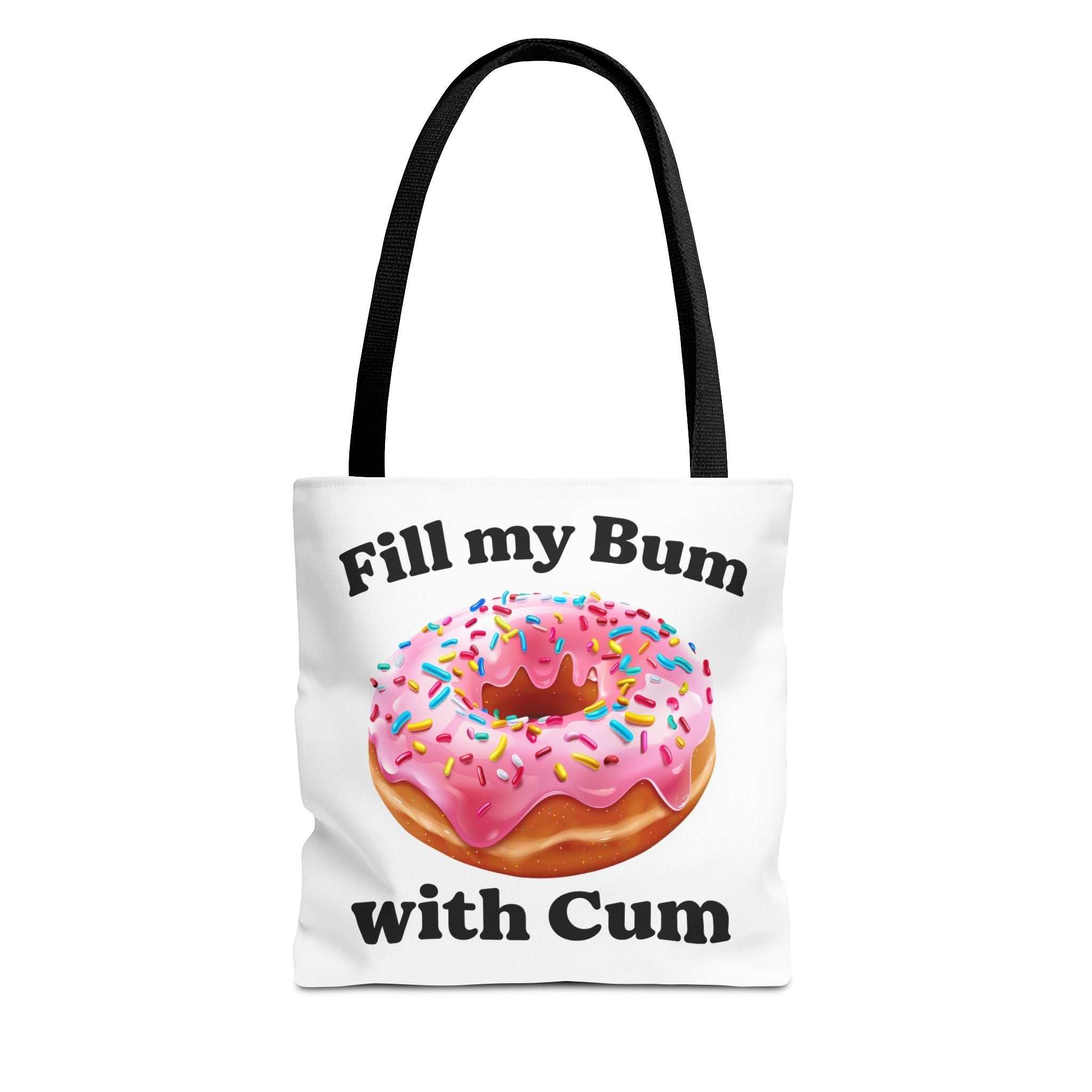 Provocative Donut Tote Bag with cheeky donut design, durable spun polyester, multiple sizes and handle colors
