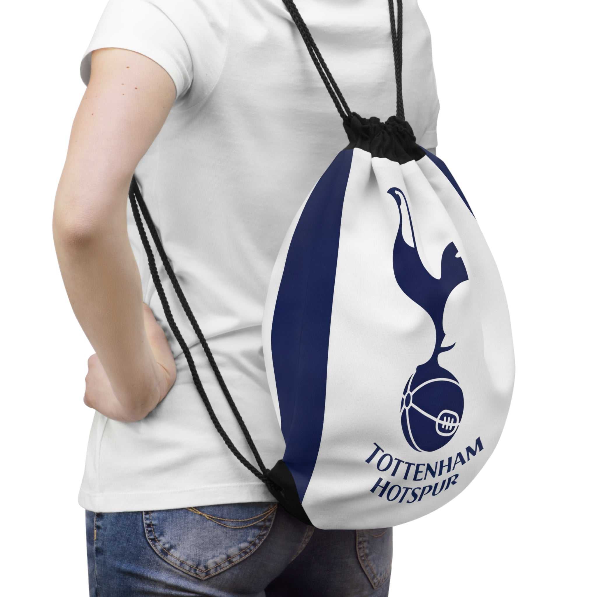 Tottenham Hotspur FC drawstring bag in white and navy with club crest, lightweight polyester gym and casual backpack
