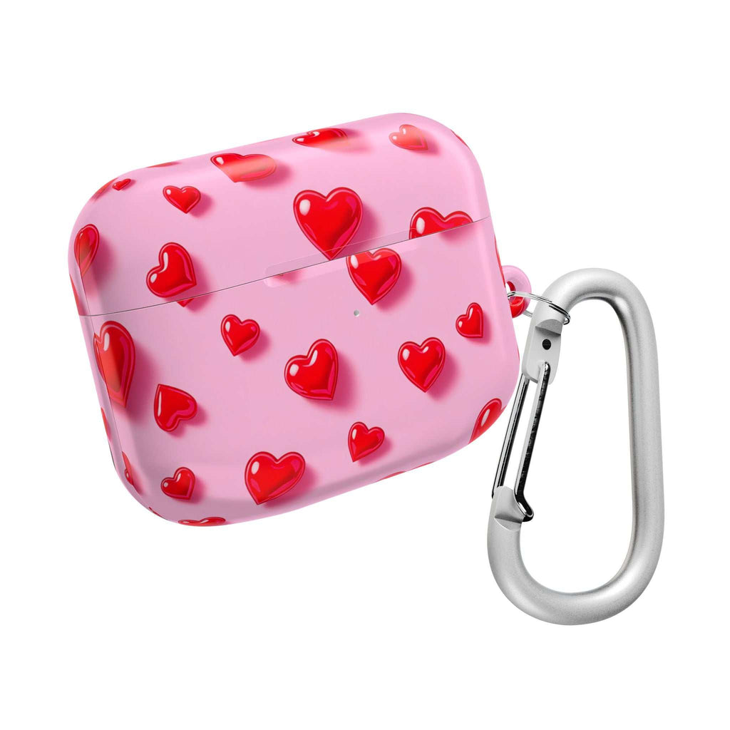 Pink Hearts AirPods case with durable hard shell and carabiner clip for protection and style