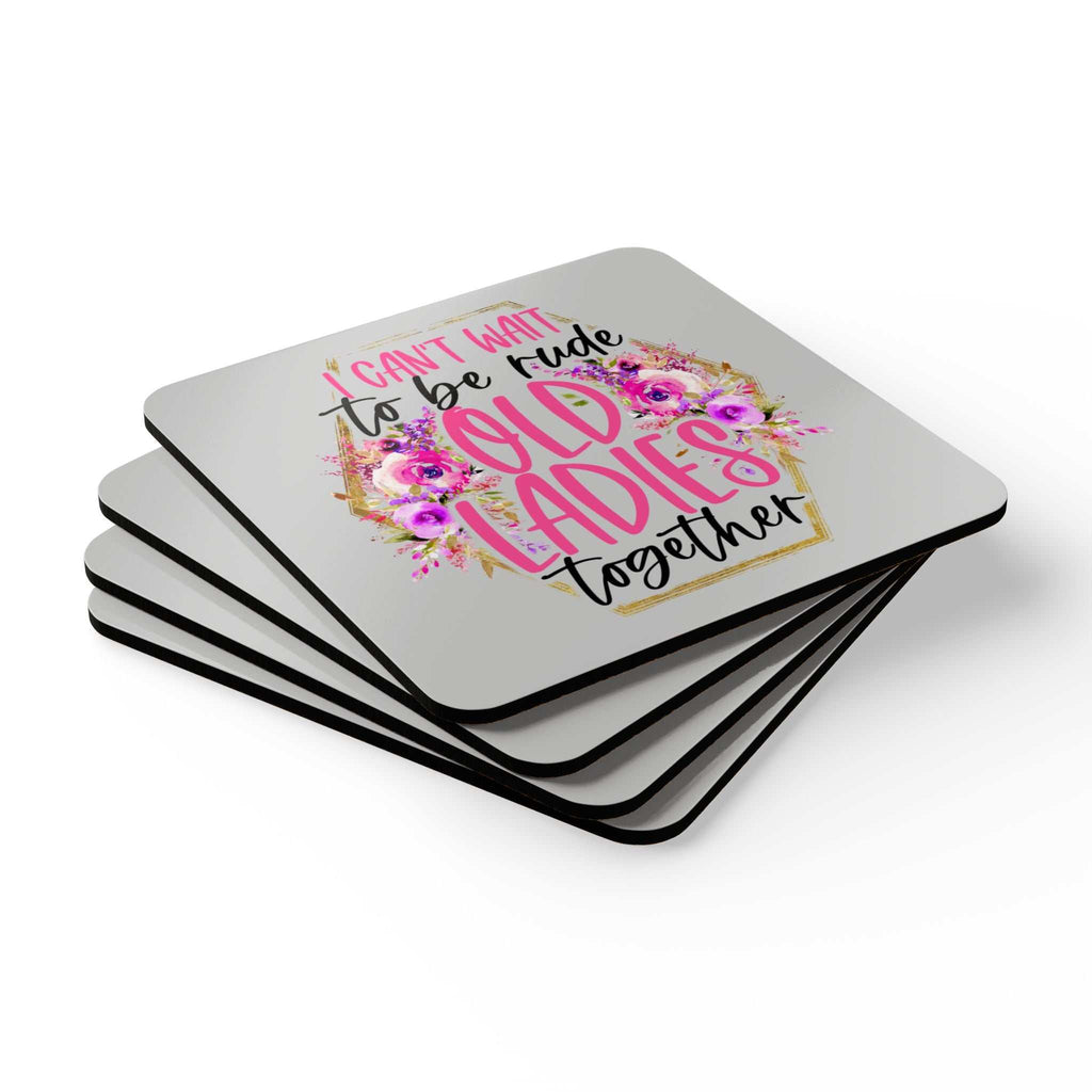 Old Ladies Coaster Set with floral design and fun text, 4-piece, high-gloss MDF, cork back, non-slip.