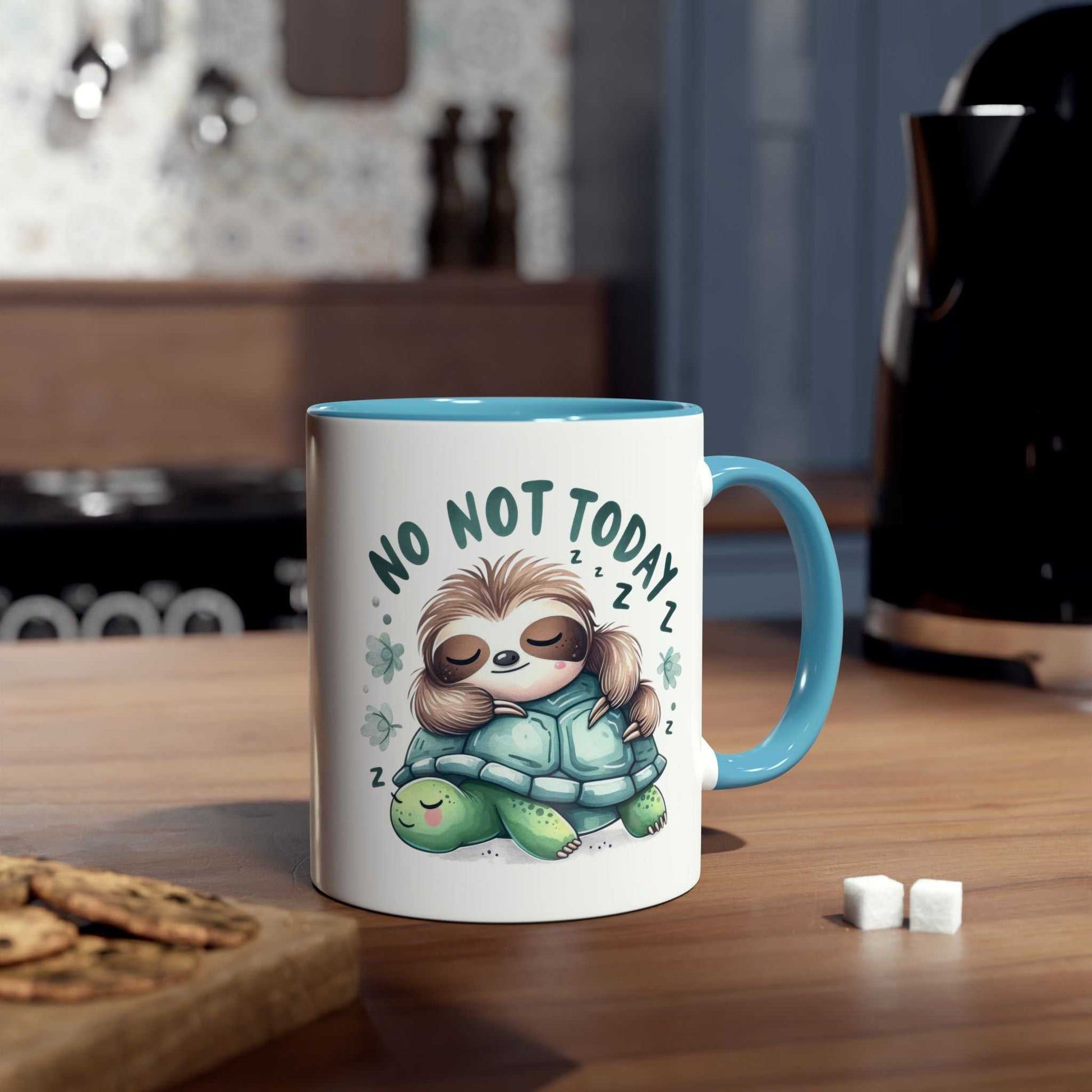 Cute sloth coffee mug with "No Not Today" text, perfect for animal lovers, 11oz ceramic with glossy finish.