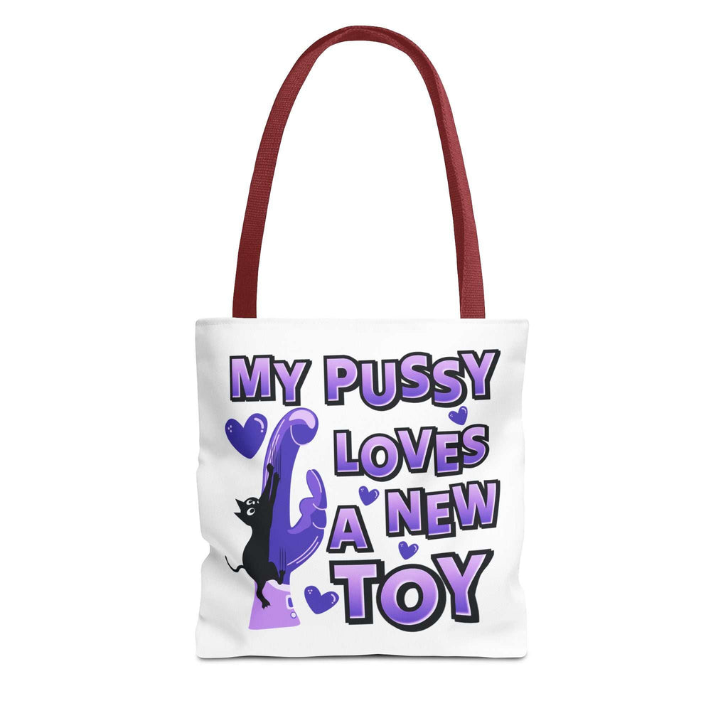 Cheeky Fun Cat Toy Tote Bag in three sizes with colorful handles and durable spun polyester fabric