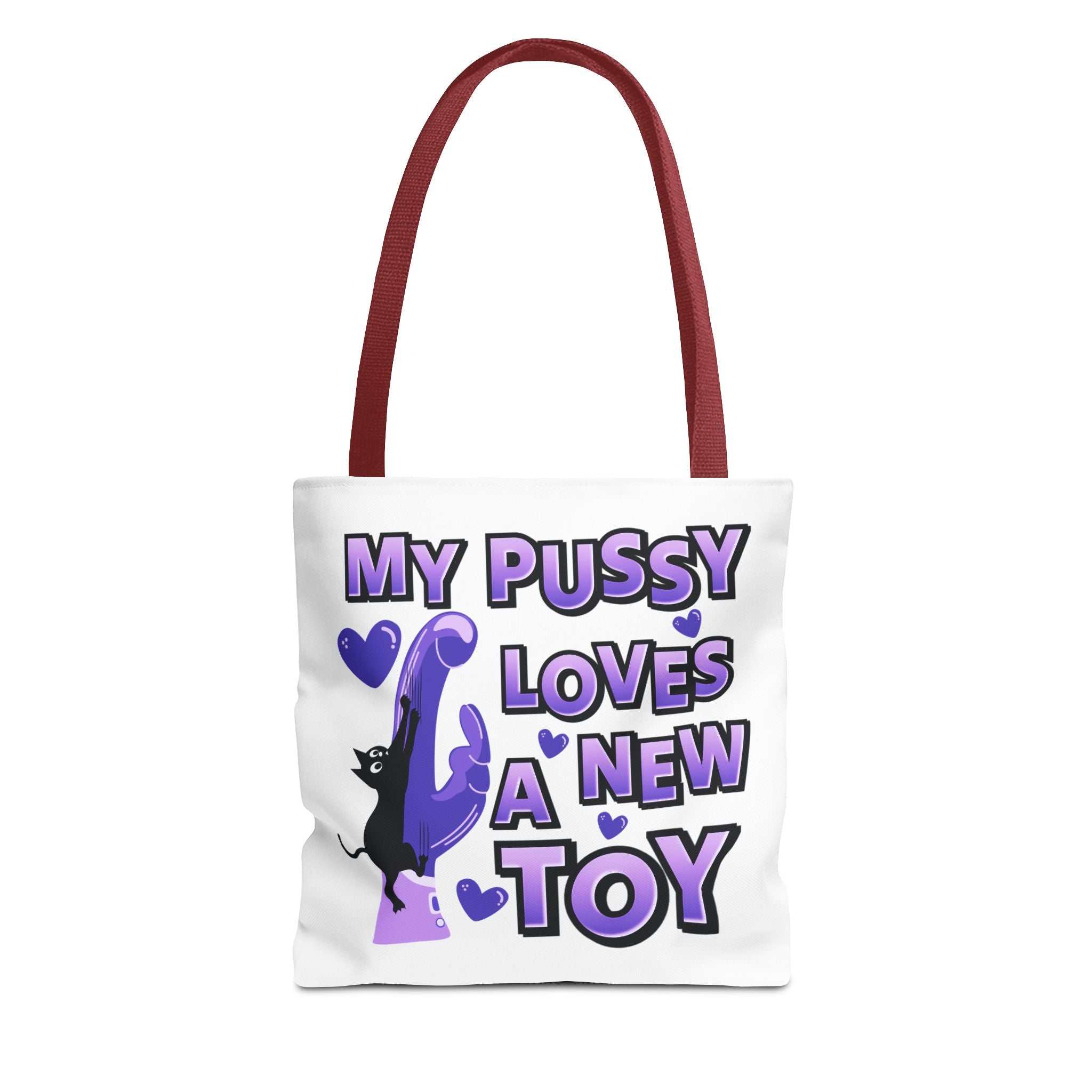 Cheeky Fun Cat Toy Tote Bag in three sizes with colorful handles and durable spun polyester fabric