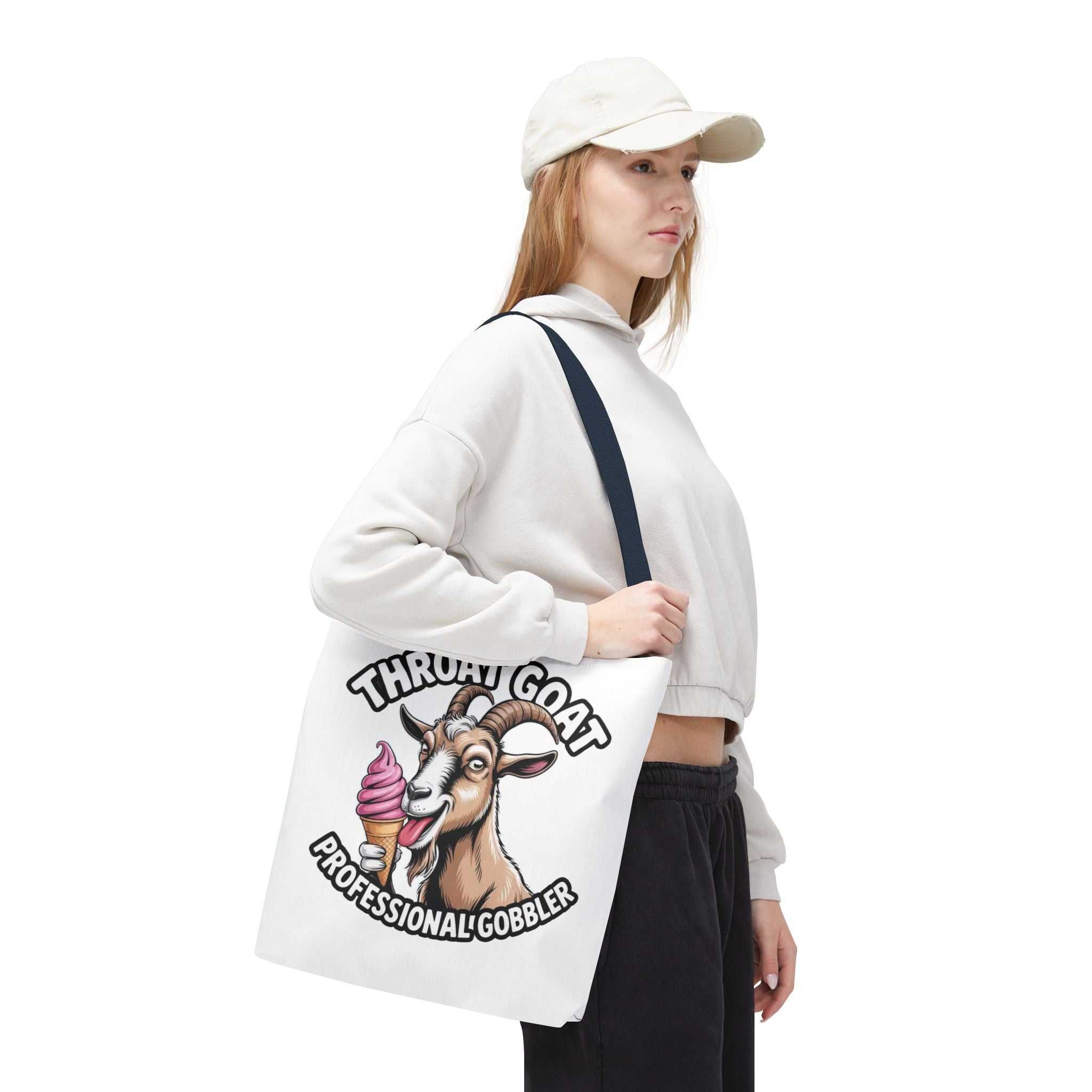 Cheeky Gobbler funny tote bag with colorful handles, durable spun polyester, available in three sizes for shopping and casual use