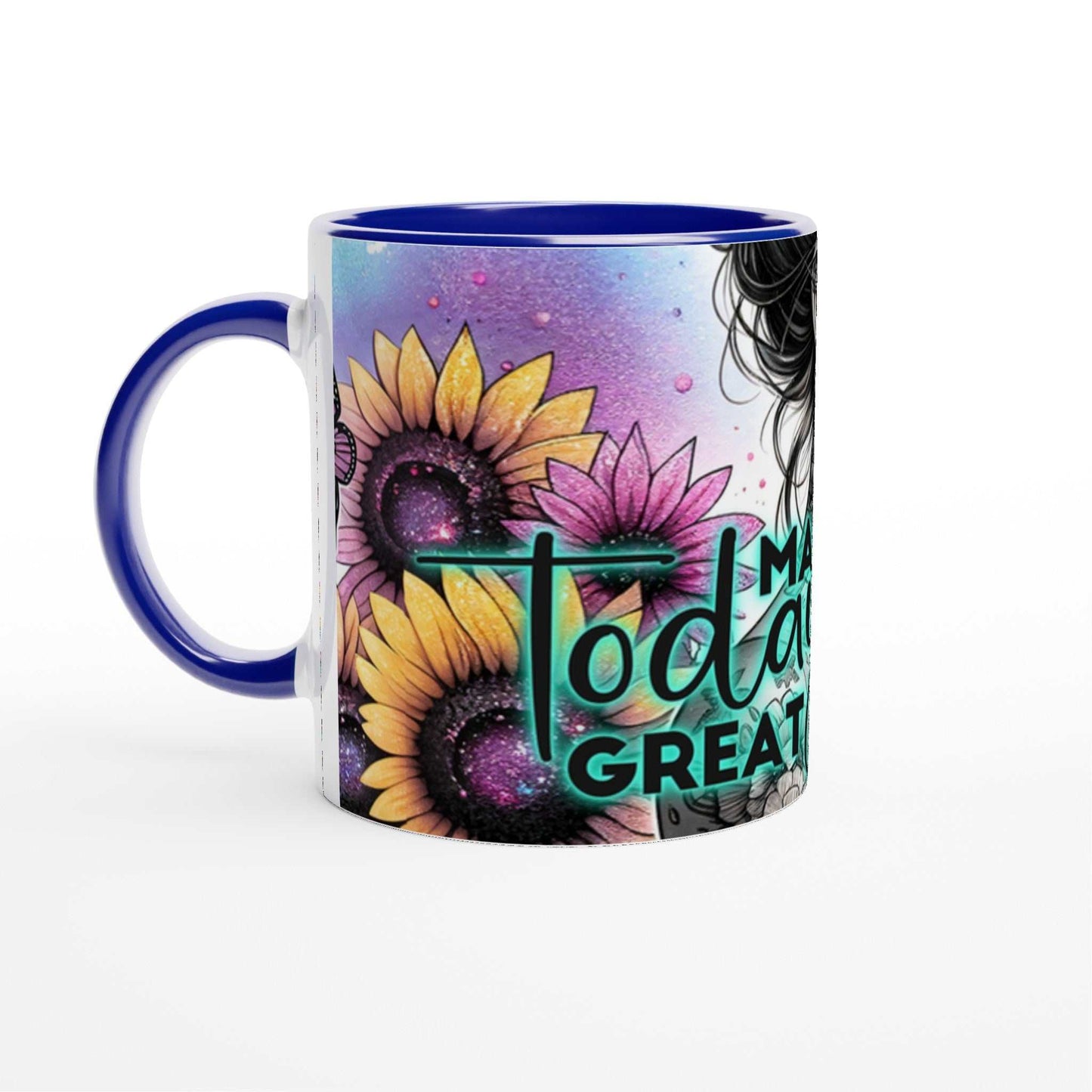 Ceramic mug with motivational "Make Today Great" quote, vibrant sunflower design, and blue accents.