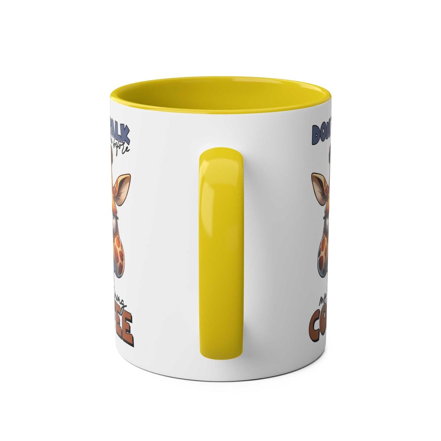 Dont Talk To Me coffee mug with yellow handle, giraffe design, glossy finish, and ceramic build.