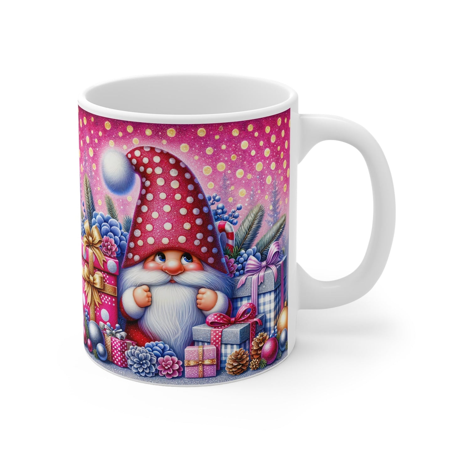 Christmas Gnome Mug with festive design and glossy finish, 11oz ceramic, perfect for holiday drinks.