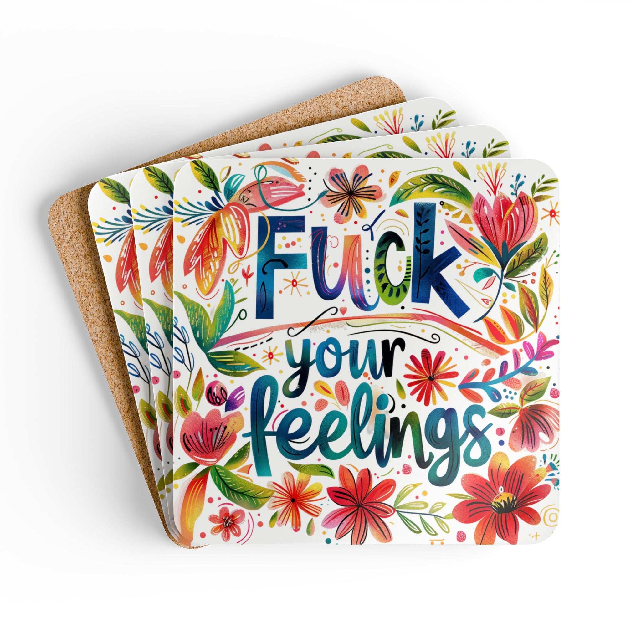 Feelings Coaster Set with floral design and cheeky text, high-gloss MDF, cork backing, non-slip, easy to clean.