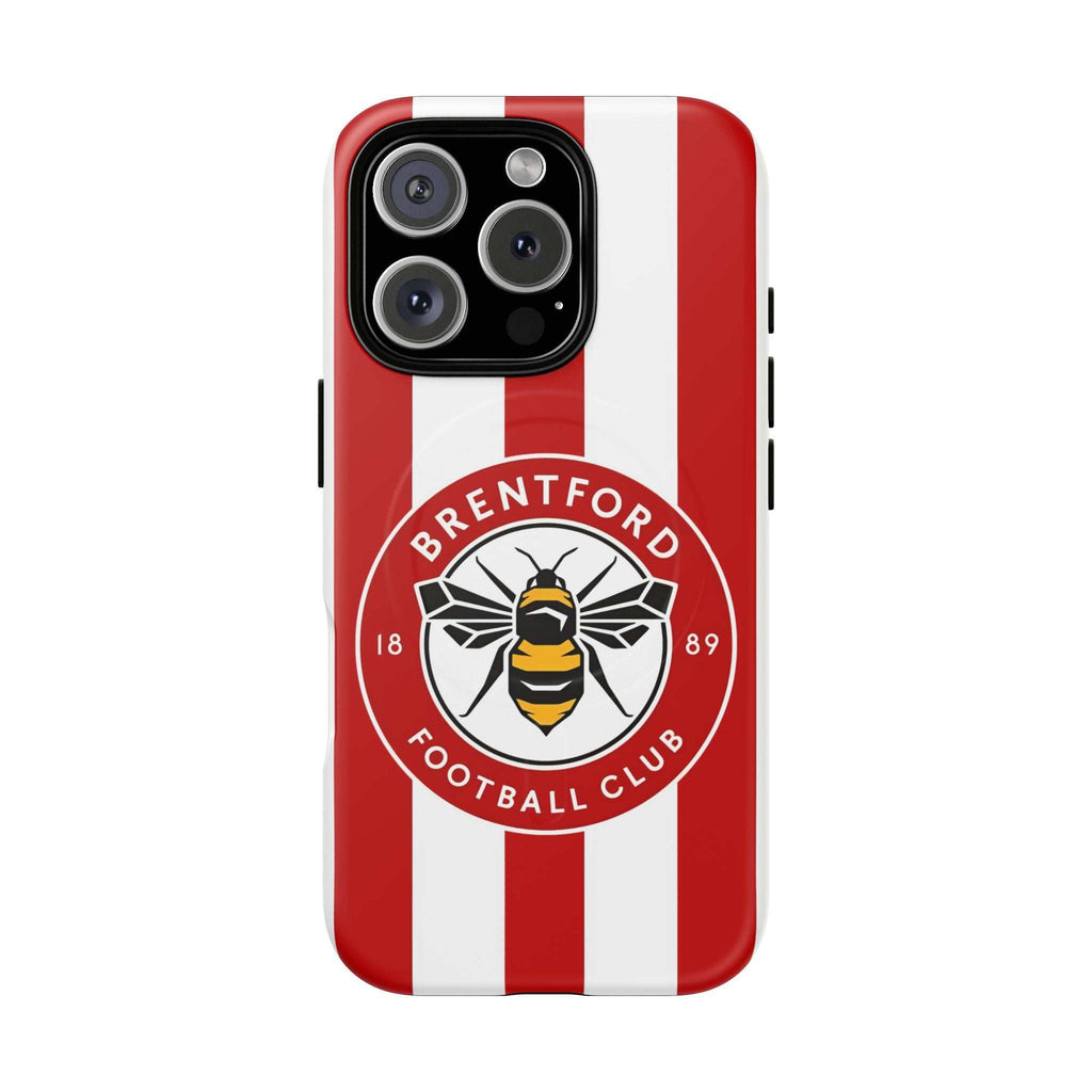 Brentford FC MagSafe iPhone case with red and white stripes and club crest, dual-layer protective design