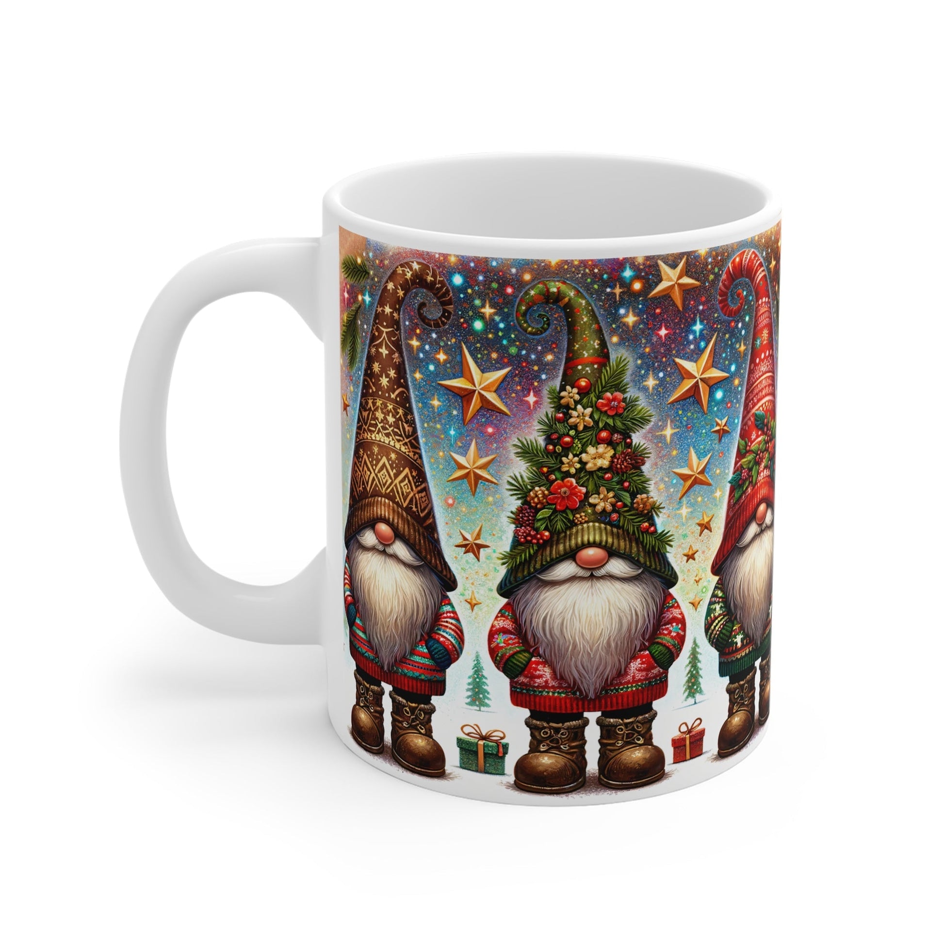 Christmas Gnome Mug with festive design, 11oz ceramic, glossy finish.