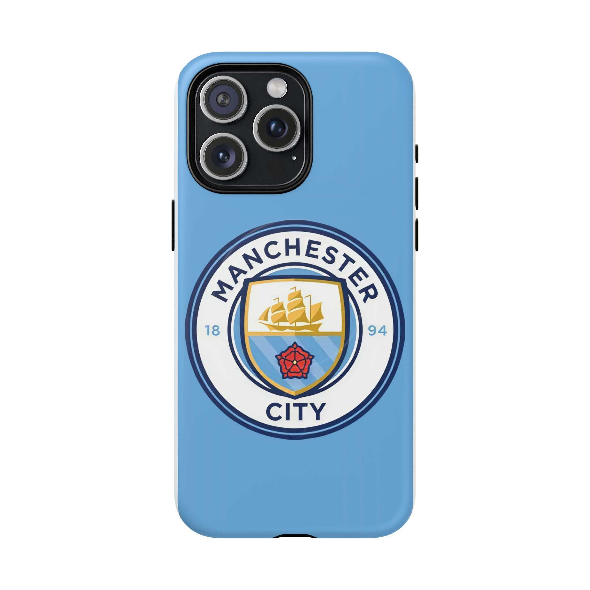Manchester City MagSafe iPhone case with sky blue color and team logo, dual-layer protection, and MagSafe compatibility