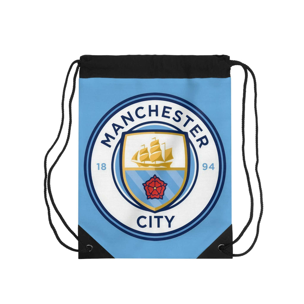 Manchester City drawstring bag with club crest on sky blue polyester, lightweight and durable for sports and travel