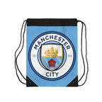 Manchester City drawstring bag with club crest on sky blue polyester, lightweight and durable for sports and travel