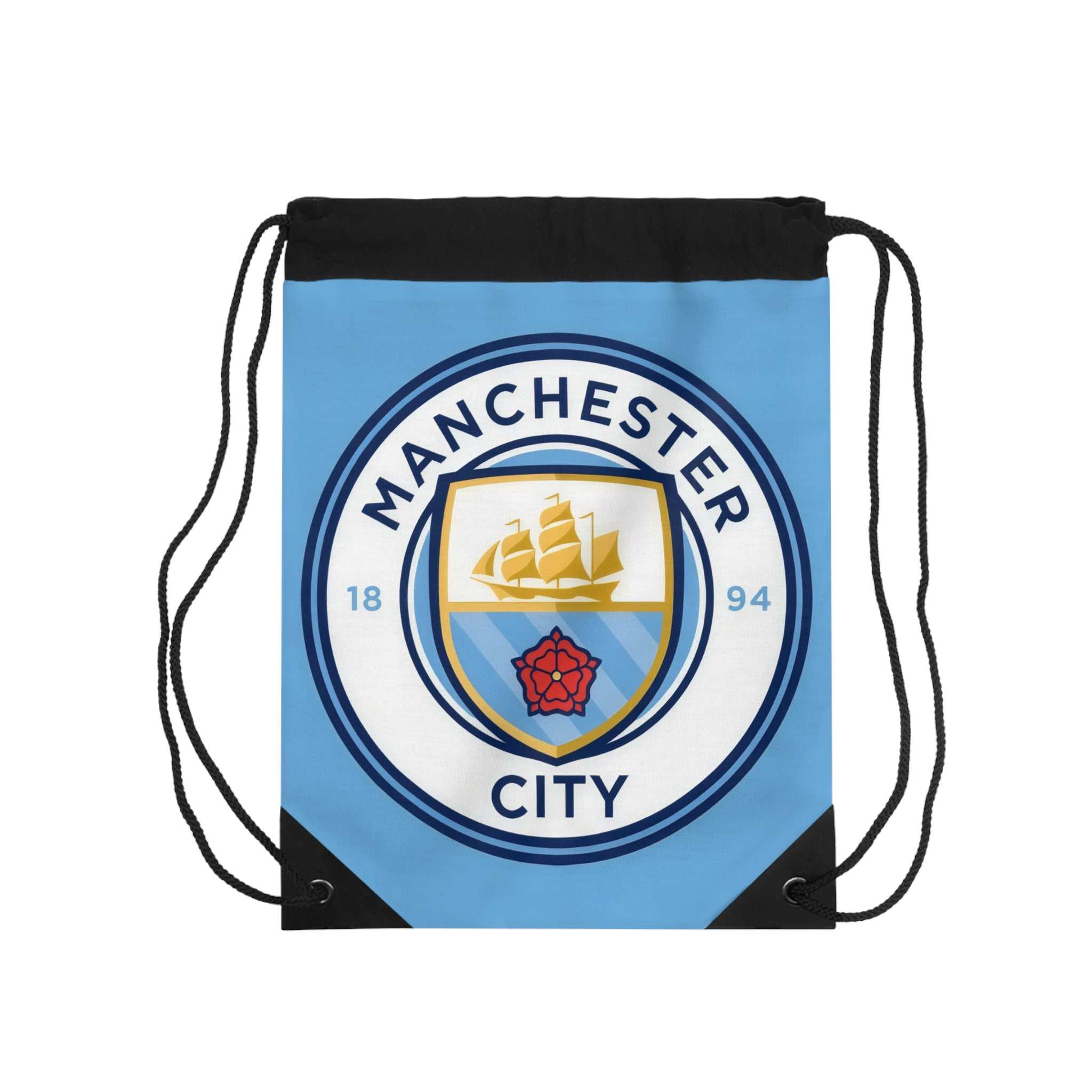Manchester City drawstring bag with club crest on sky blue polyester, lightweight and durable for sports and travel
