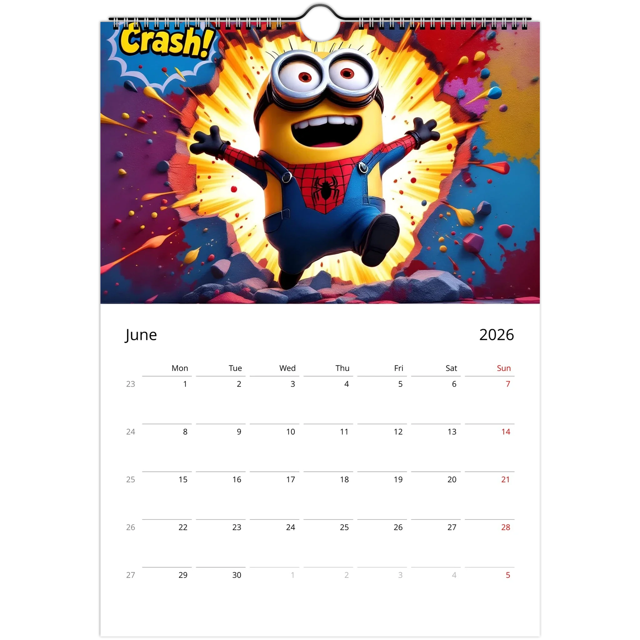 2026 Minions Superhero wall calendar with vibrant glossy pages and playful Minion superhero illustration for June.