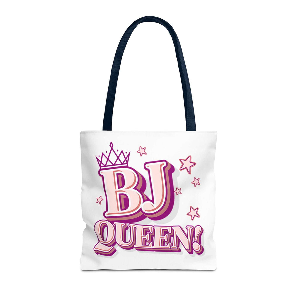BJ Queen Tote Bag with cheeky design, durable spun polyester, multiple sizes and handle colors