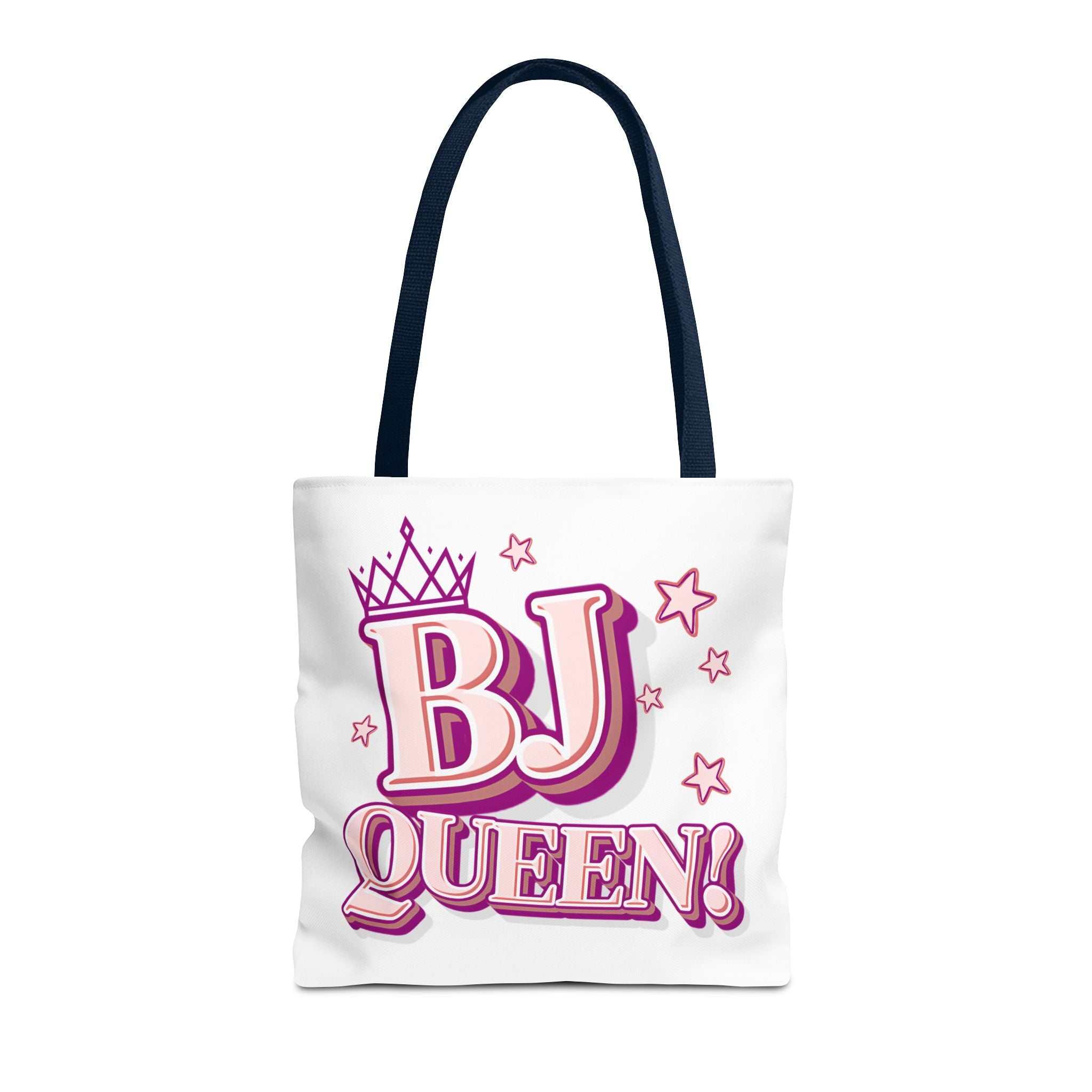 BJ Queen Tote Bag with cheeky design, durable spun polyester, multiple sizes and handle colors
