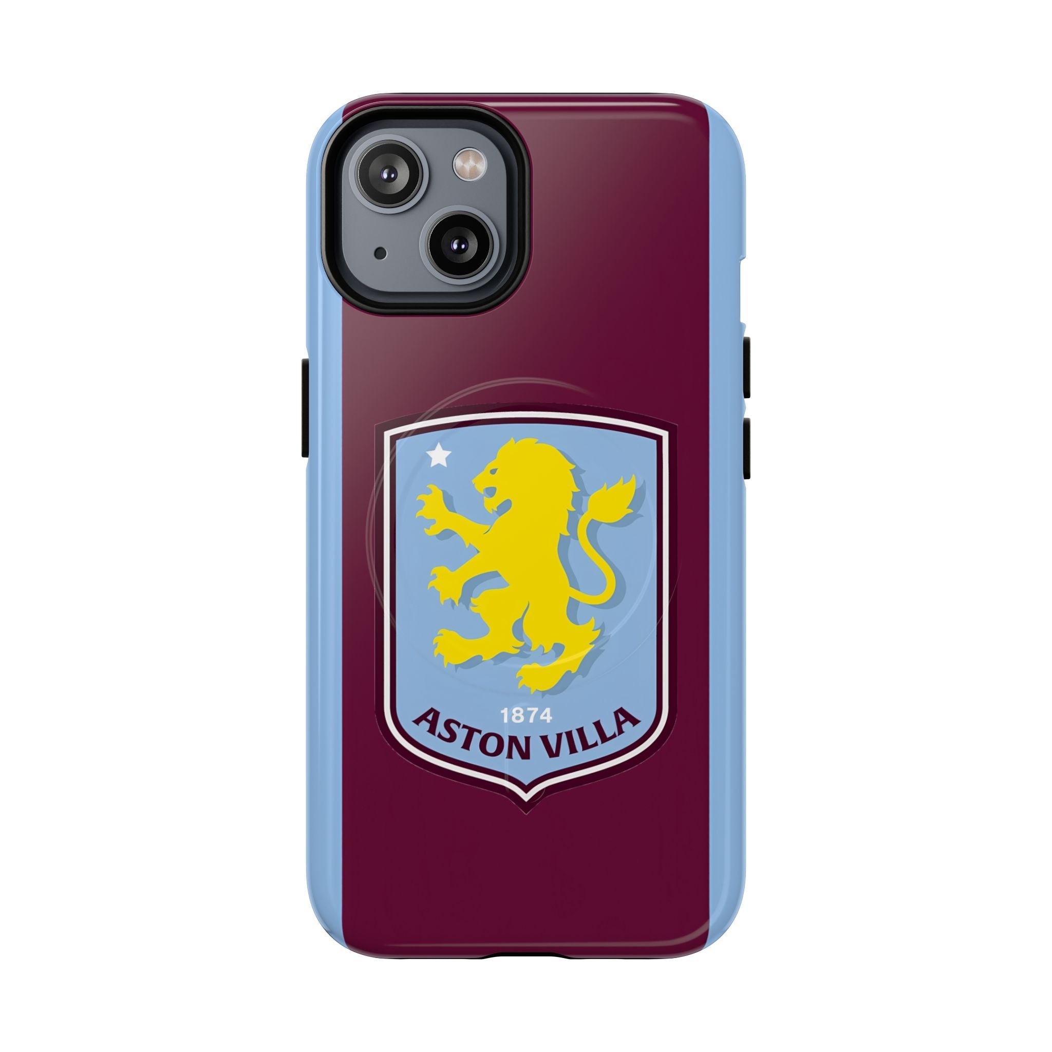 Aston Villa Magsafe iPhone case with claret and blue colors and club crest, durable dual-layer protection, MagSafe compatible.