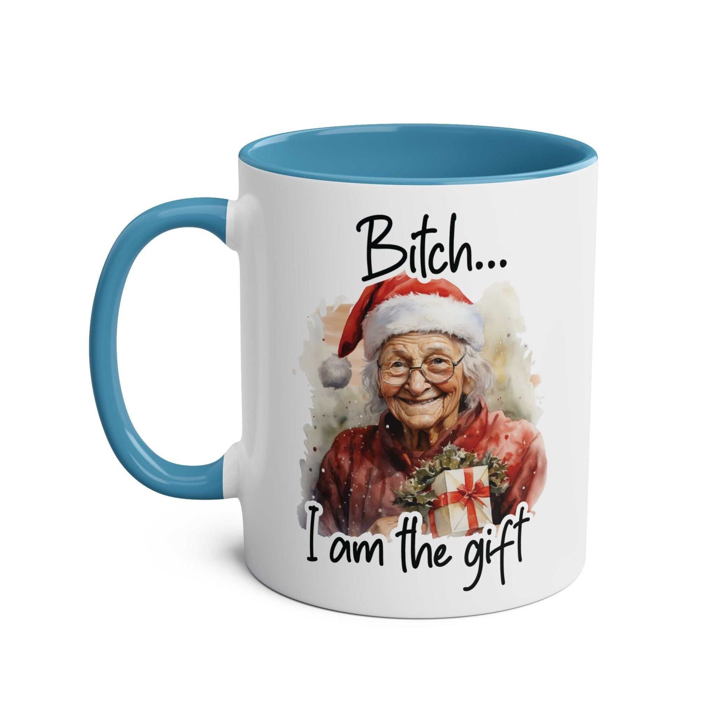 Sweary Granny Christmas Mug with festive design and cheeky phrase, 11oz ceramic, available in 7 colors, glossy finish.