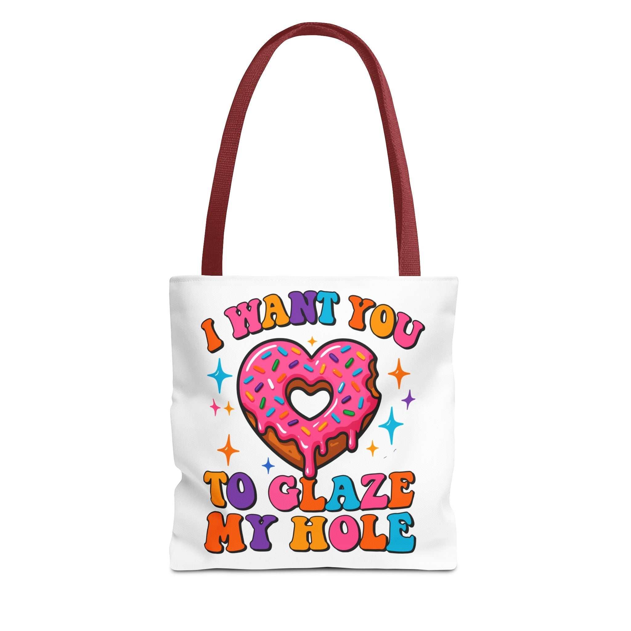 Glaze My Hole Donut Tote Bag with cheeky donut design and colorful handles, durable and reusable polyester tote