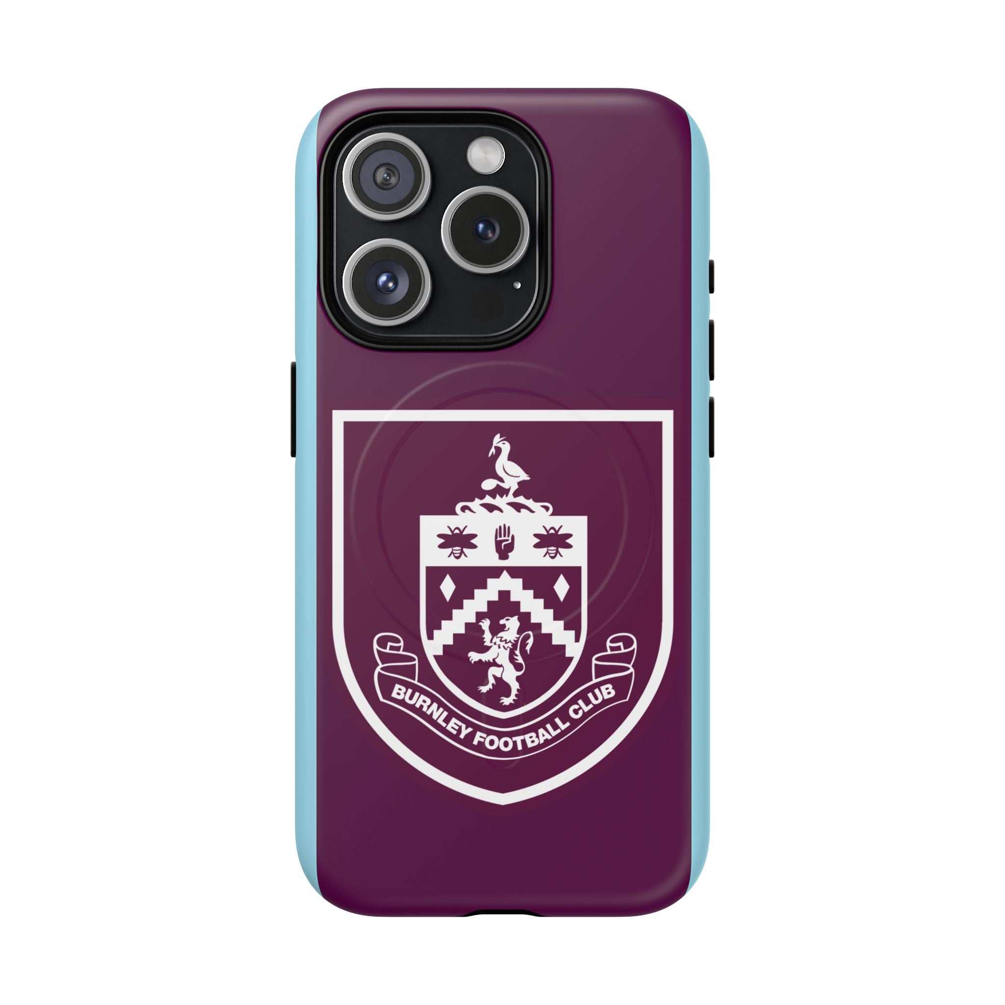 Burnley FC MagSafe iPhone Case with claret and blue colors and club crest, dual-layer protective design