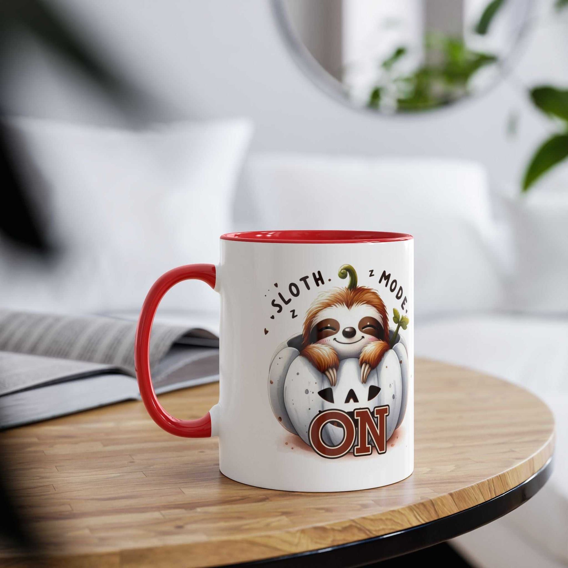 cute sloth coffee mug with whimsical design on wooden table