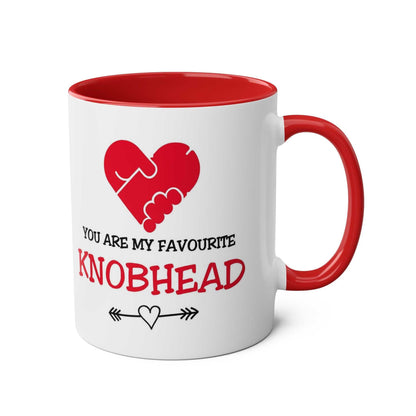 Favorite Knobhead Mug with red accents and humorous text, perfect for cheeky gifts.