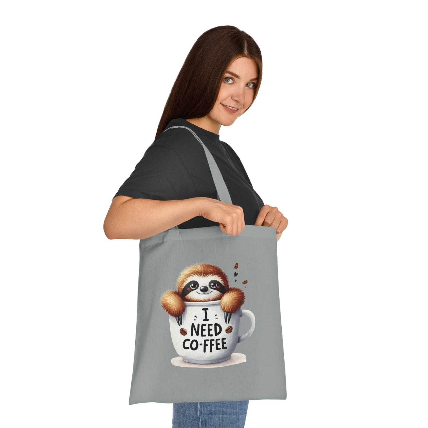 Cotton tote bag with cute sloth design, ideal for sloth lovers, available in six colors.