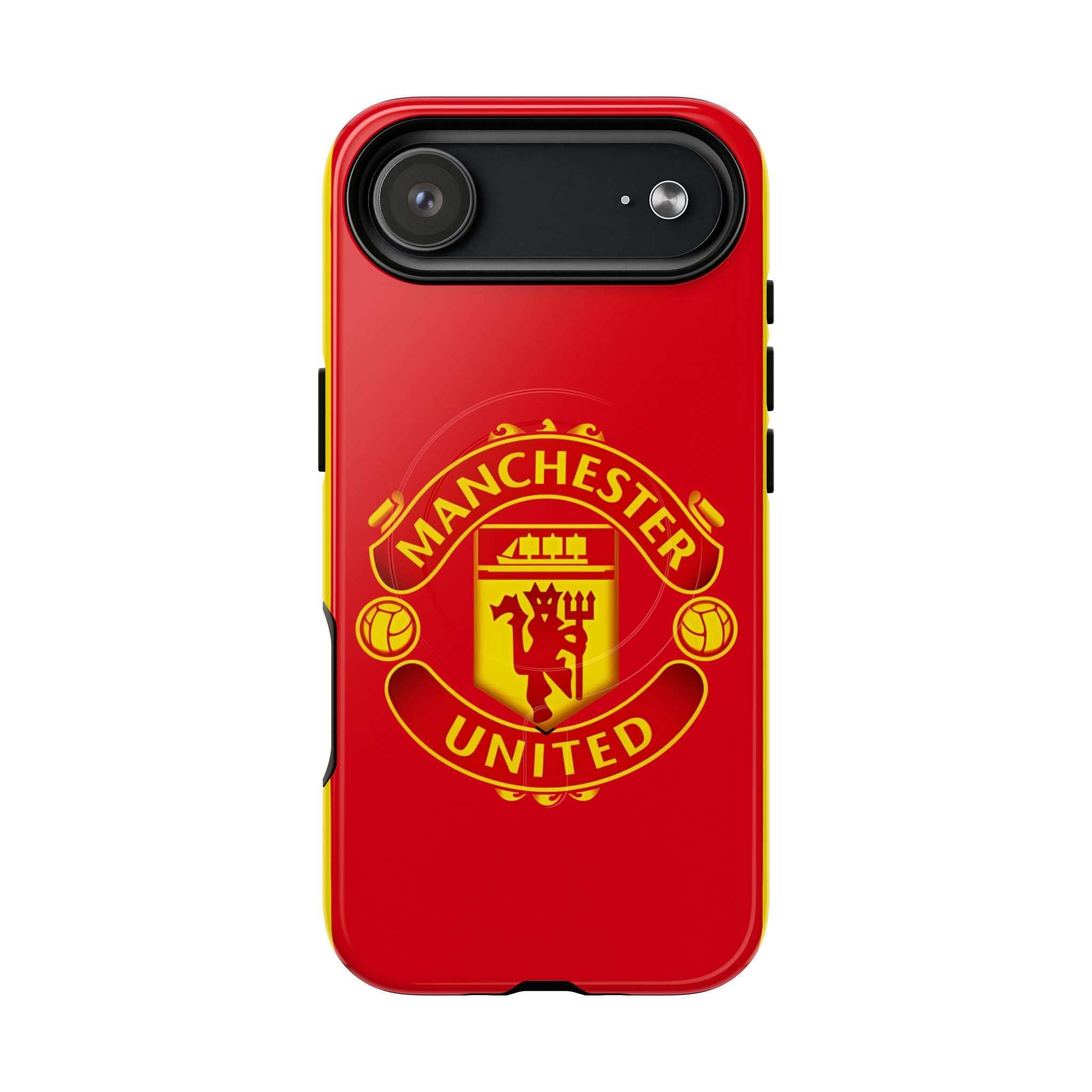Red Manchester United MagSafe iPhone case with official-inspired crest and dual-layer protection