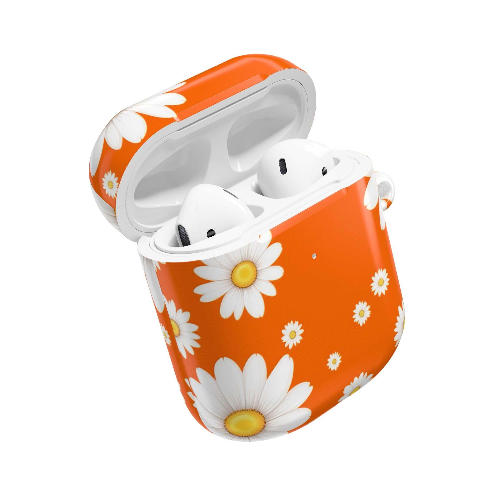 Orange Daises AirPods protective hard shell case with vibrant floral design and glossy finish